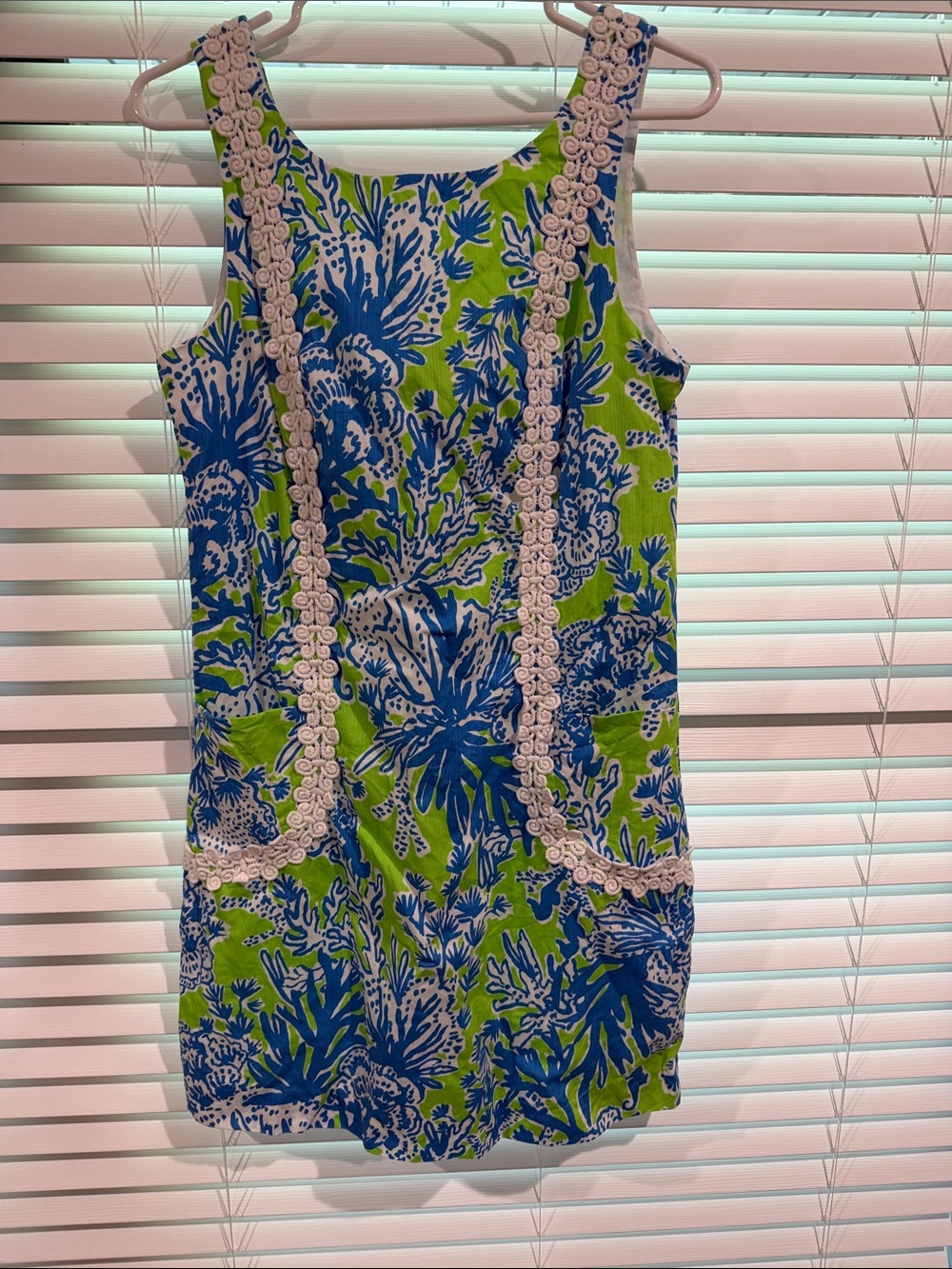 Lilly Pulitzer Blue, Green & White Floral Shift Dress with Trim